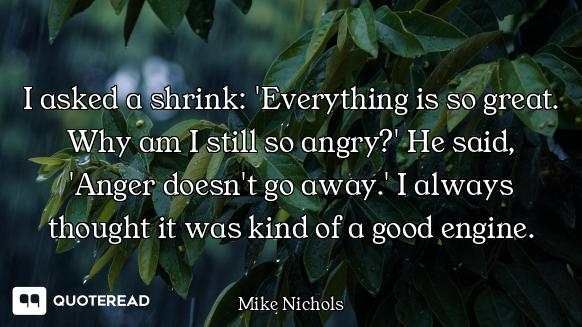 I asked a shrink: 'Everything is so great. Why am I still so angry?' He said, 'Anger doesn't go away...