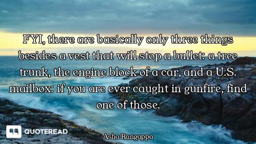 FYI, there are basically only three things besides a vest that will stop a bullet: a tree trunk, the...