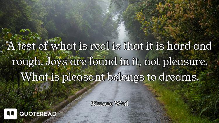 A test of what is real is that it is hard and rough. Joys are found in it, not pleasure. What is ple...